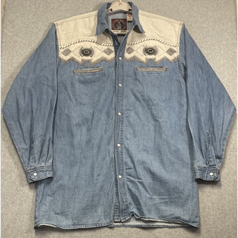 Johnny Hallyday Western Passion Blue Denim Cowboy Shirt Men L Country Snap